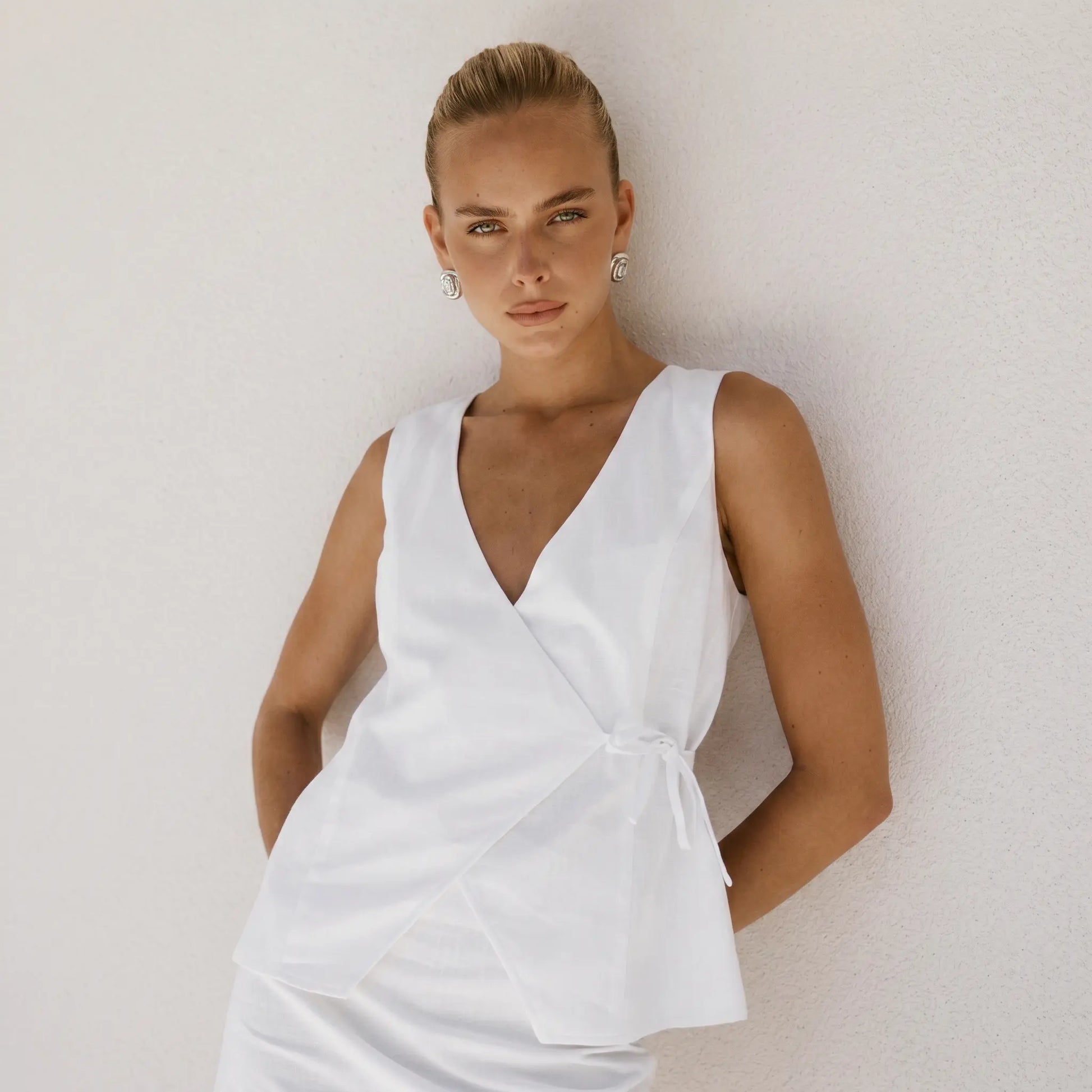 Kaelen - Sleeveless Wrap Set, Linen Blend Mini Skirt, Elegant Summer Ensemble
