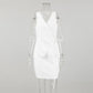 Kaelen white sleeveless wrap top and A-line mini skirt set featuring a V-neckline and side tie closure for an elegant summer ensemble.