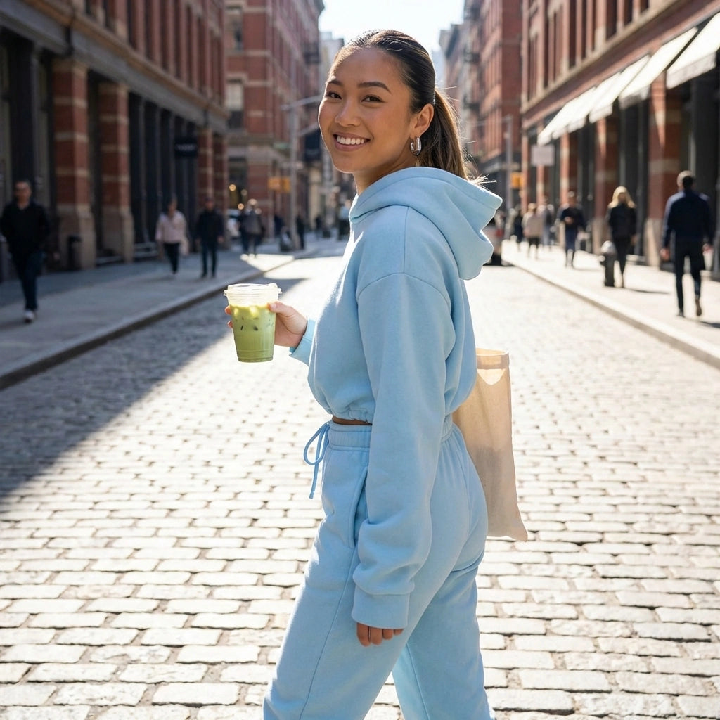 Kaelo women's premium fleece cropped hoodie and jogger set in light blue, styled for a casual city walk with a relaxed fit.