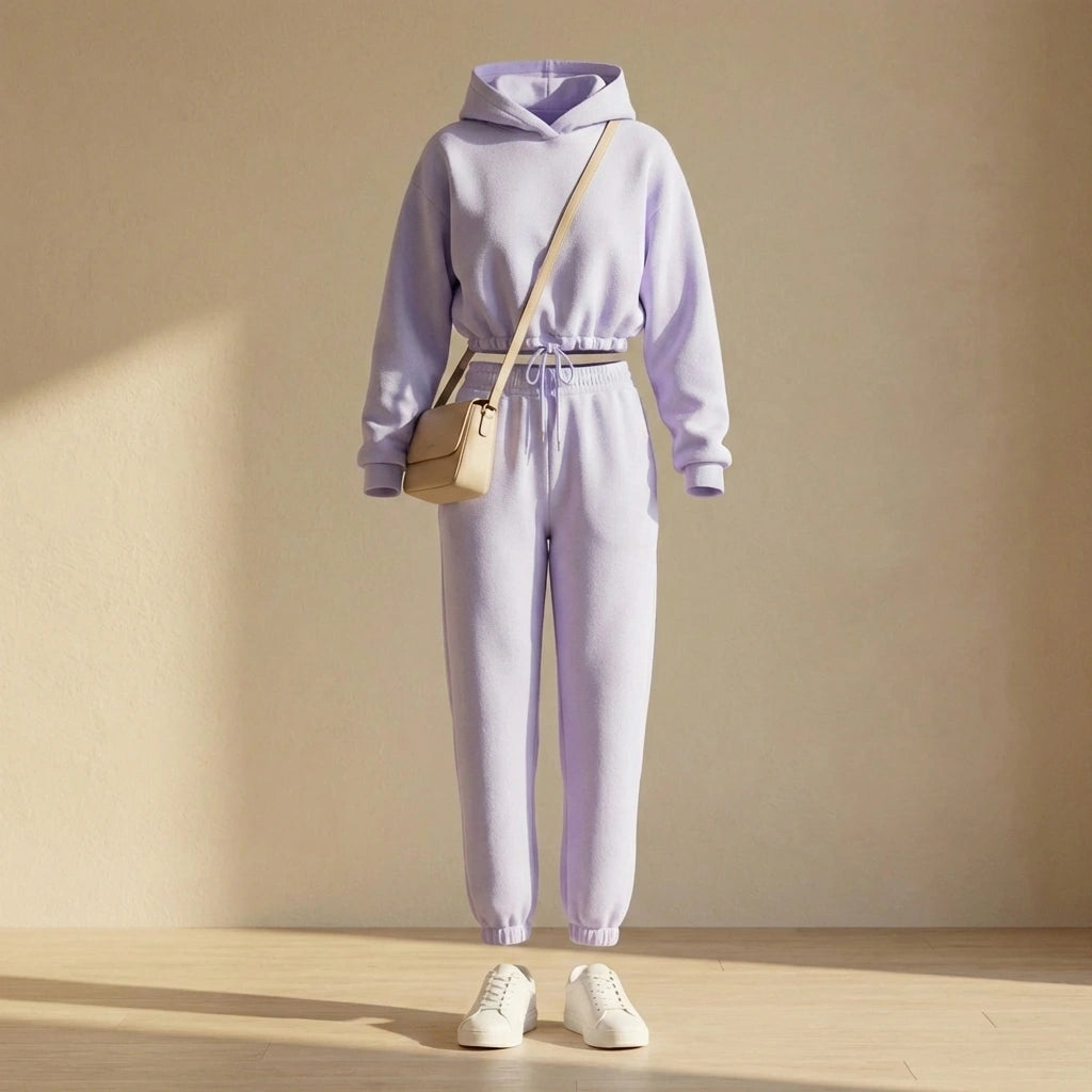 Kaelo women's cropped hoodie and jogger lounge set in soft lilac fleece, front view styled with a beige crossbody bag and white sneakers.
