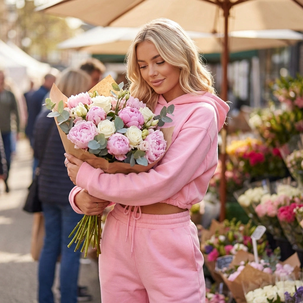 Kaelo premium fleece cropped hoodie and jogger set in pink, worn by a woman holding a bouquet of flowers in a sunny outdoor market.