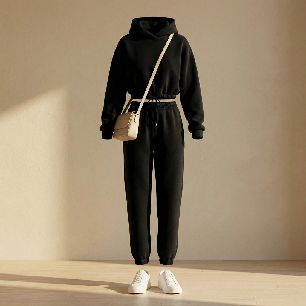 Kaelo women's cropped hoodie and jogger set in black fleece, front view styled with a beige crossbody bag and white sneakers.