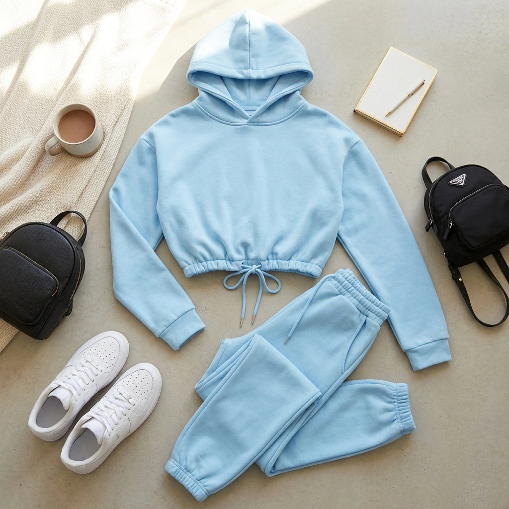 Kaelo premium cropped hoodie and jogger lounge set in light blue, flat lay styling with white sneakers and black backpacks.