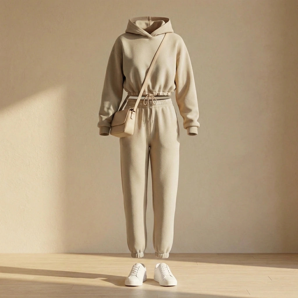 Kaelo women's cropped hoodie and jogger set in sand beige fleece, front view showing the adjustable toggle waist and matching crossbody bag styling.