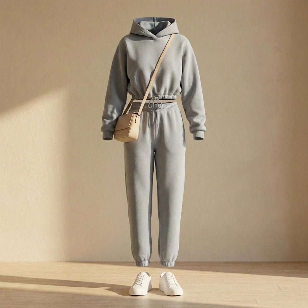 Kaelo women's cropped hoodie and jogger set in heather grey fleece — front view styled with a beige crossbody bag and white sneakers.
