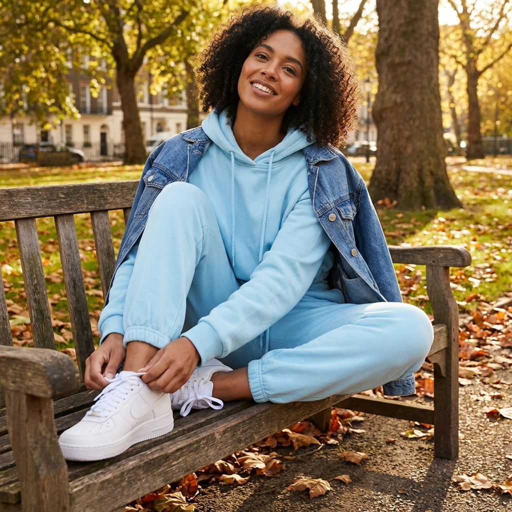 Kaelo women's cropped hoodie and jogger set in light blue — lifestyle view sitting on a park bench styled with a denim jacket.