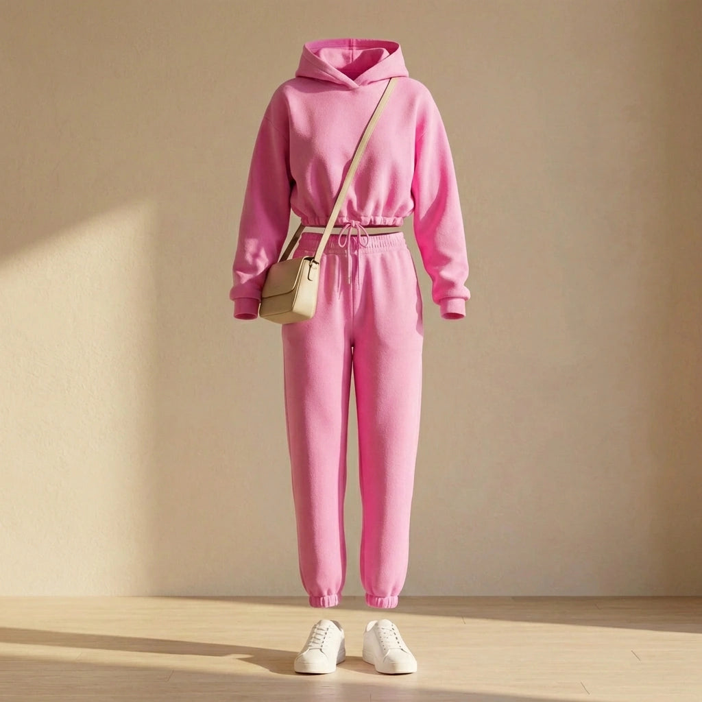 Kaelo women's cropped hoodie and jogger set in pink fleece, front view showing the adjustable toggle waist and high-rise fit styled with sneakers.