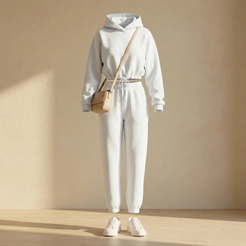 Kaelo women's cropped hoodie and jogger set in white fleece, styled with a beige cross-body bag and sneakers — front view showing the adjustable waist toggle.