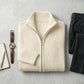 Kaelon mens ribbed zip cardigan in sand beige styled in a flat lay outfit with dark grey trousers and leather watch.