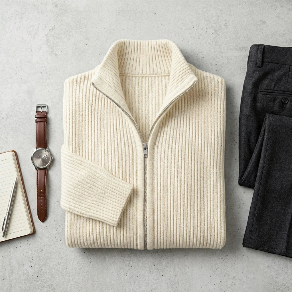 Kaelon mens ribbed zip cardigan in sand beige styled in a flat lay outfit with dark grey trousers and leather watch.