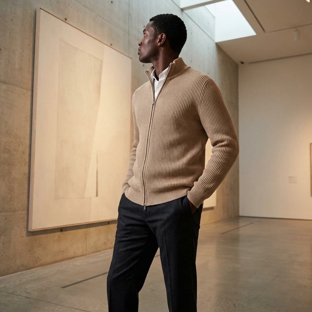 Kaelon mens ribbed zip cardigan in beige, styled with a white shirt and dark trousers in a modern gallery — three-quarter view showing the stand collar.