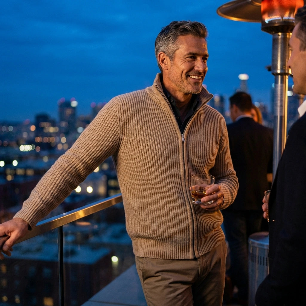 Kaelon men's ribbed zip cardigan in sand beige worn at a rooftop evening event, showing the architectural knit texture and stand collar.