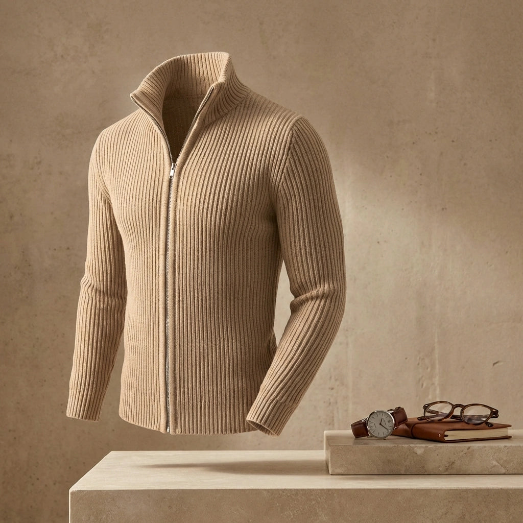 Kaelon architectural ribbed knit zip cardigan in beige for men — three-quarter view showing stand collar, metal zipper, and vertical thermal texture.