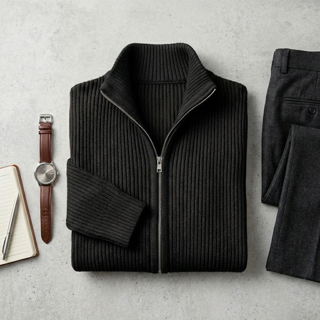 Kaelon mens ribbed zip cardigan in black, displayed in a flat lay outfit grid with grey trousers and a leather watch.
