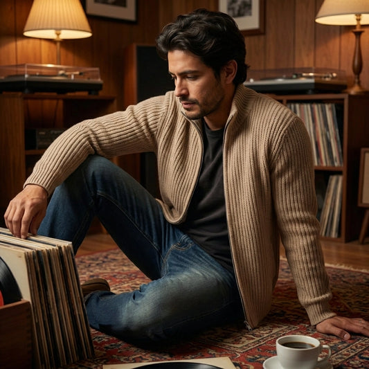 Kaelon mens ribbed zip cardigan in sand beige, worn open over a t-shirt by a model sitting on a rug with vinyl records.