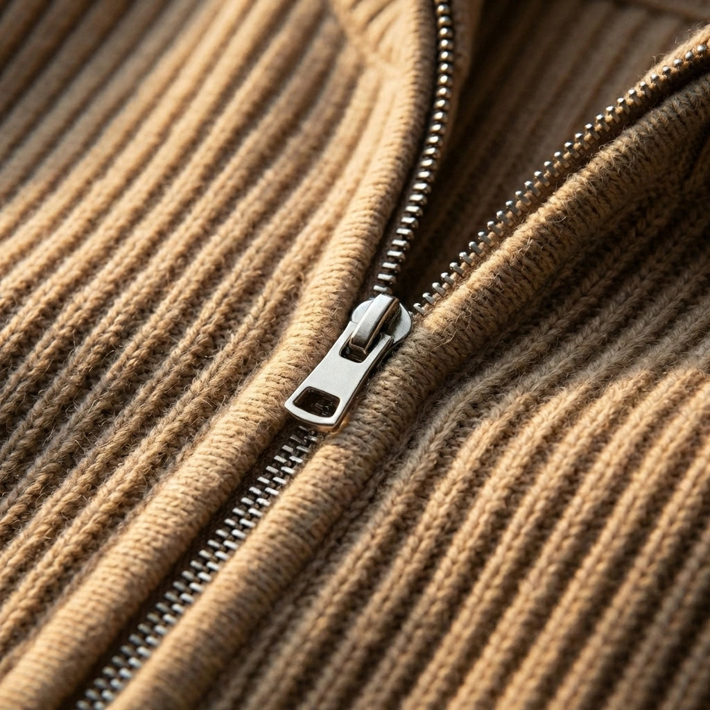Kaelon ribbed knit zip cardigan in beige — close-up detail showing the smooth-glide metal zipper and architectural vertical texture.