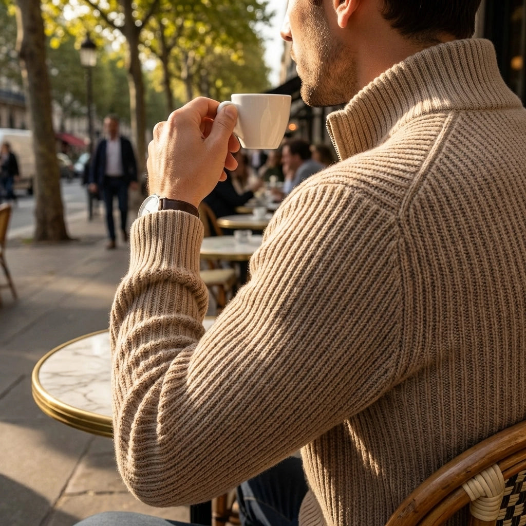 Kaelon mens ribbed zip cardigan in beige, lifestyle side view showing the architectural knit texture and stand collar while worn at a cafe.