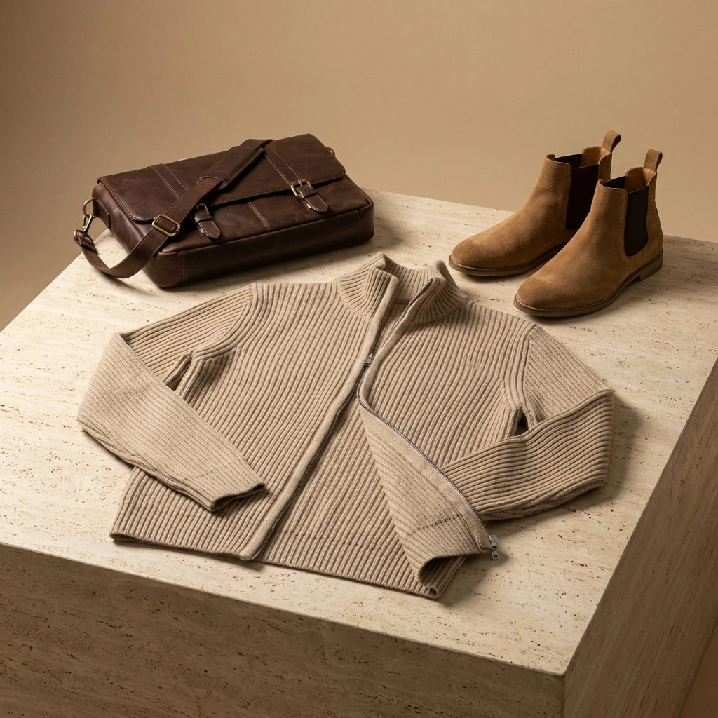 Kaelon mens ribbed zip cardigan in sand beige styled flat-lay with leather accessories, showing the architectural vertical texture.