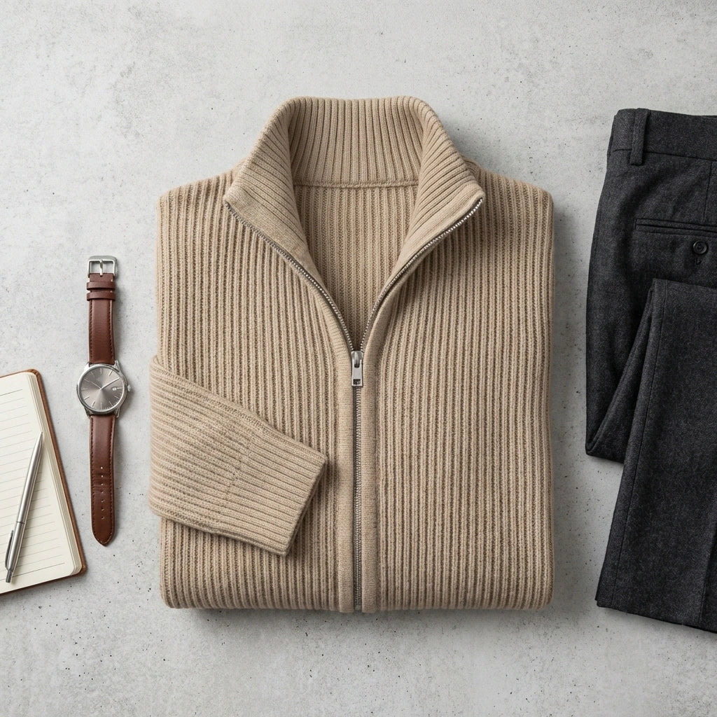 Kaelon mens ribbed zip cardigan in sand beige, flat lay showing architectural knit texture styled with grey trousers and watch.