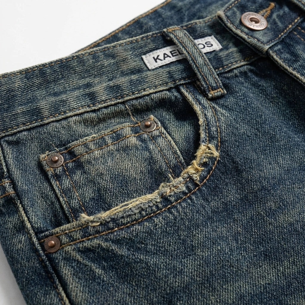 Kaelos high waisted jeans in vintage wash denim — close-up detail showing the distressed pocket edge, copper rivets, and waistband label.