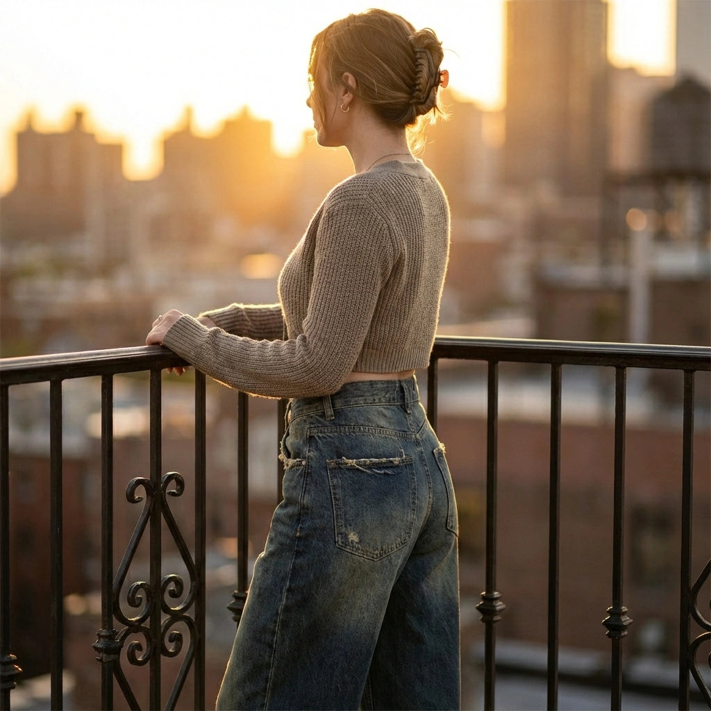 Kaelos high waisted wide leg jeans in vintage wash denim, back view worn by a model on a city balcony at sunset.