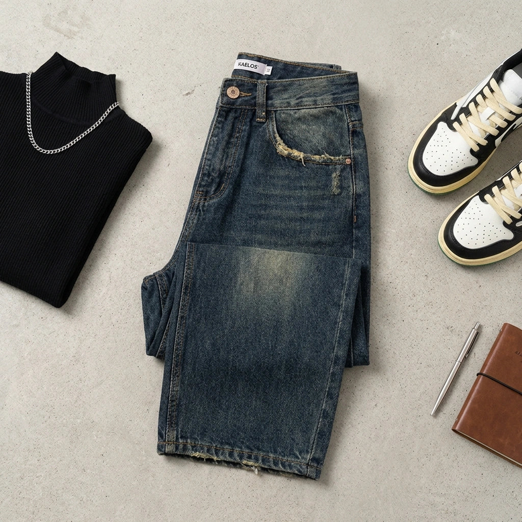 Kaelos high waisted wide leg jeans in vintage wash dark blue, flat lay outfit with black turtleneck and sneakers.