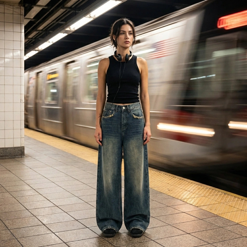 Kaelos high waisted wide leg jeans in vintage wash denim, styled in an urban subway setting showing the relaxed floor-grazing silhouette.