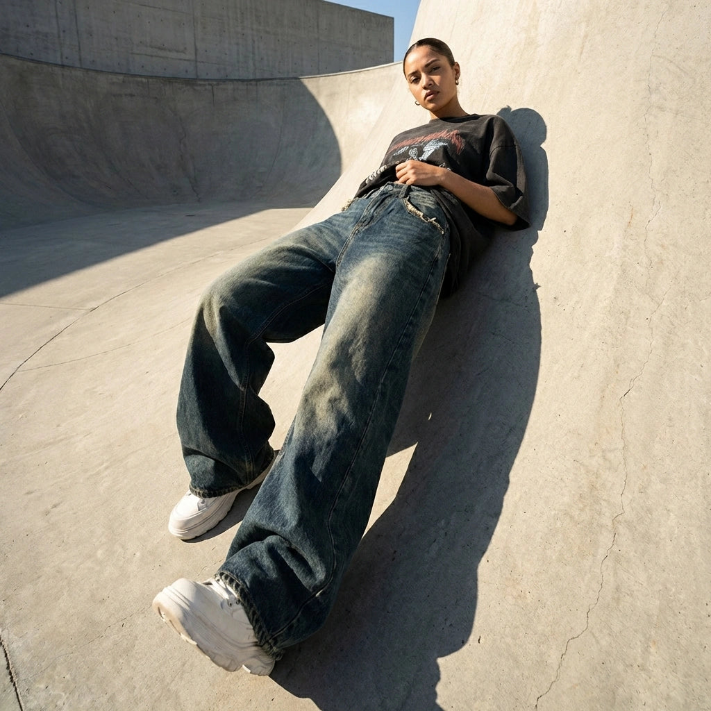 Kaelos high waisted wide leg jeans in vintage wash cotton denim — low angle lifestyle view showing the relaxed baggy fit and sneaker styling.