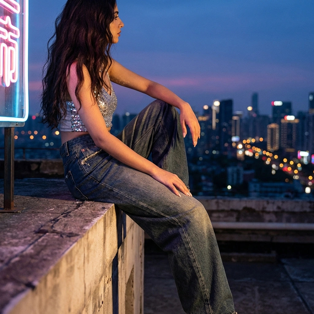 Kaelos high waisted wide leg jeans in vintage wash denim, side view of a model sitting on a city rooftop at night showing the urban streetwear style.