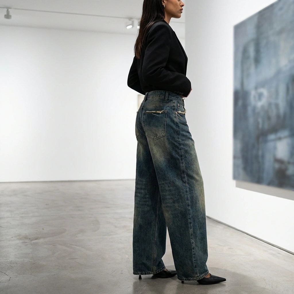 Kaelos high-waisted wide-leg jeans in vintage wash denim, side profile view showing the floor-grazing cut and distressed back pocket detail.