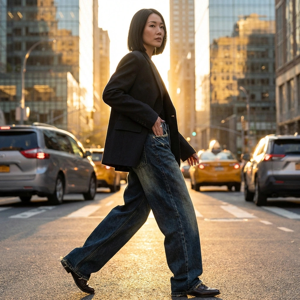 Kaelos high waisted wide leg jeans in vintage wash dark blue denim, styled with a black blazer in a city setting — side view showing the relaxed fit and movement.