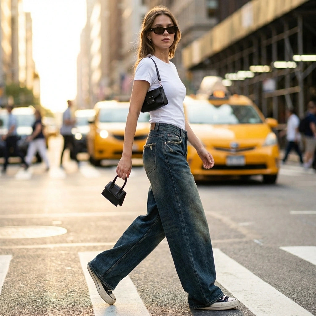 Kaelos high waisted wide leg jeans in vintage wash denim, side view of model walking in city showing the loose streetwear fit and floor-grazing length.