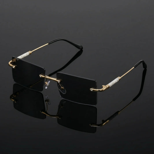 Kaelos luxury rimless square sunglasses with gradient lenses and gold-tone temples embellished with shimmering micro-crystals.