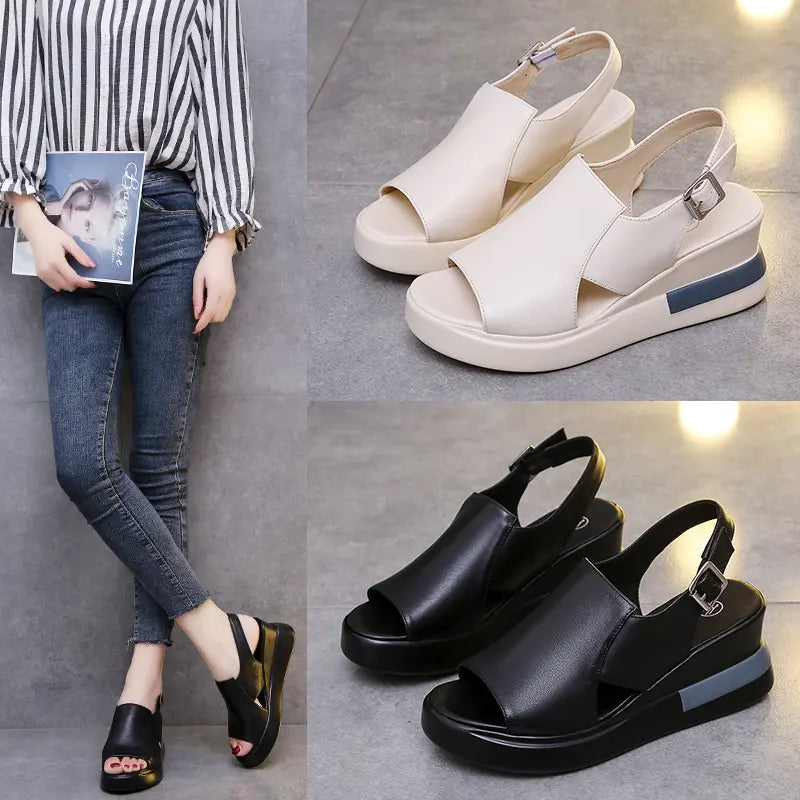 A woman models black Kaelos wedge sandals with a crossover peep-toe and slingback strap, complemented by separate studio shots of black and off-white variants.
