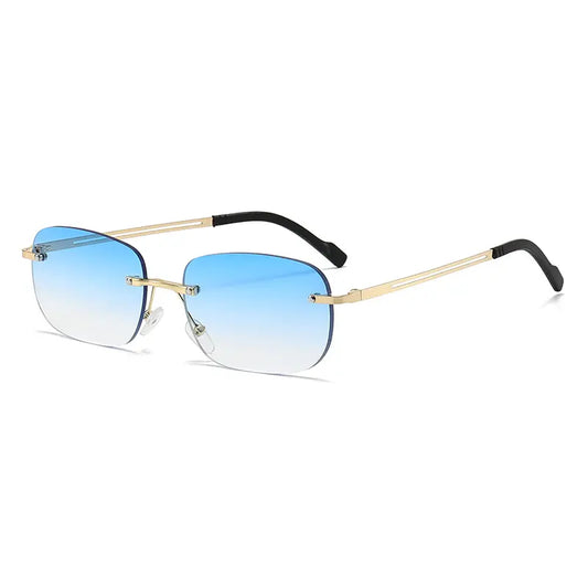 Kaelus rimless oval sunglasses with gold metal alloy temples and gradient blue lenses, shown from a three-quarter angle on a white background. These luxury eyewear pieces feature UV400 protection.