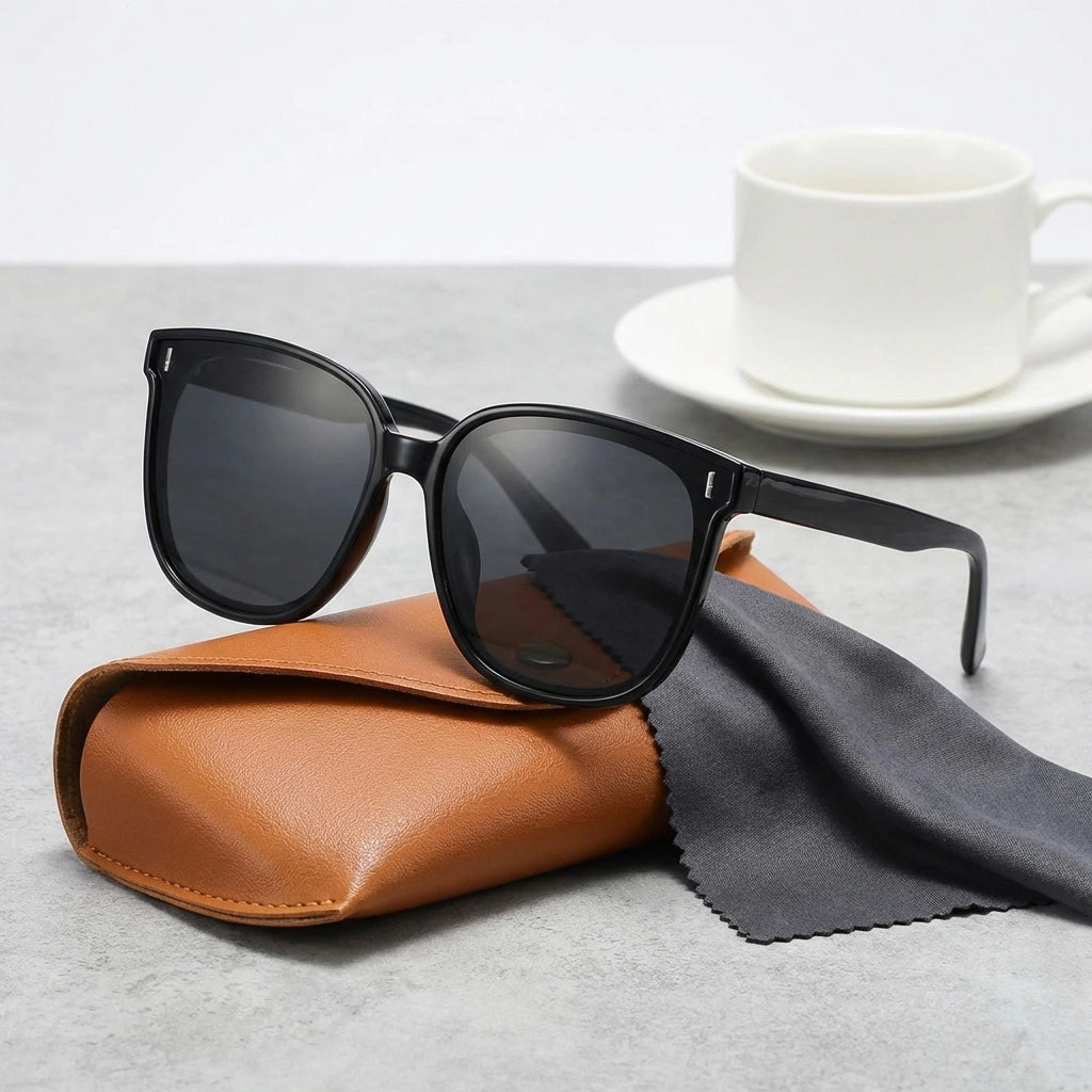 KAEON oversized square sunglasses in black resting on a brown leather protective case with a grey microfiber cleaning cloth.