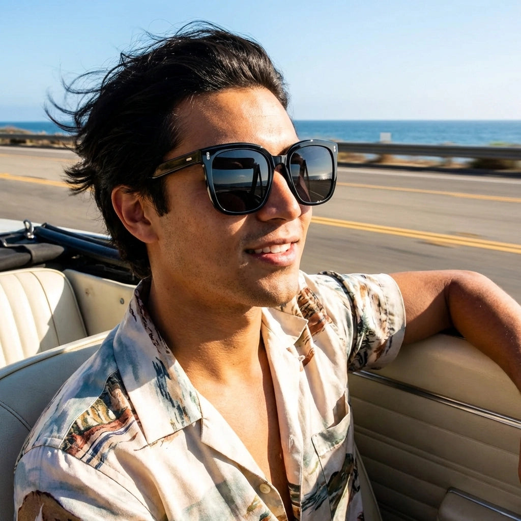 KAEON oversized square sunglasses in black worn by a man driving a convertible along the coast, showing the thick architectural frame and metal temple accents.