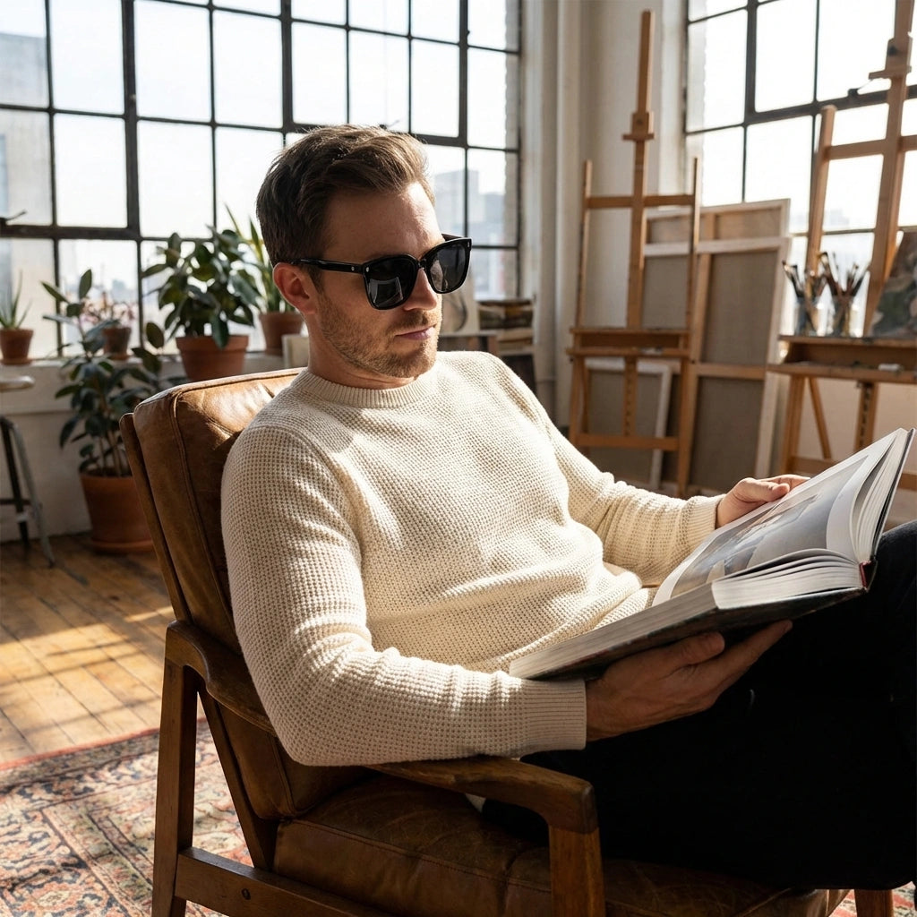 Man wearing KAEON oversized square sunglasses in black, sitting in a leather chair reading a book in a sunlit loft studio.