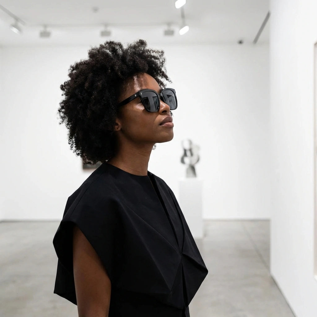KAEON oversized square sunglasses in black, side profile view on a model in a gallery, highlighting the thick chunky temples and metal accents.