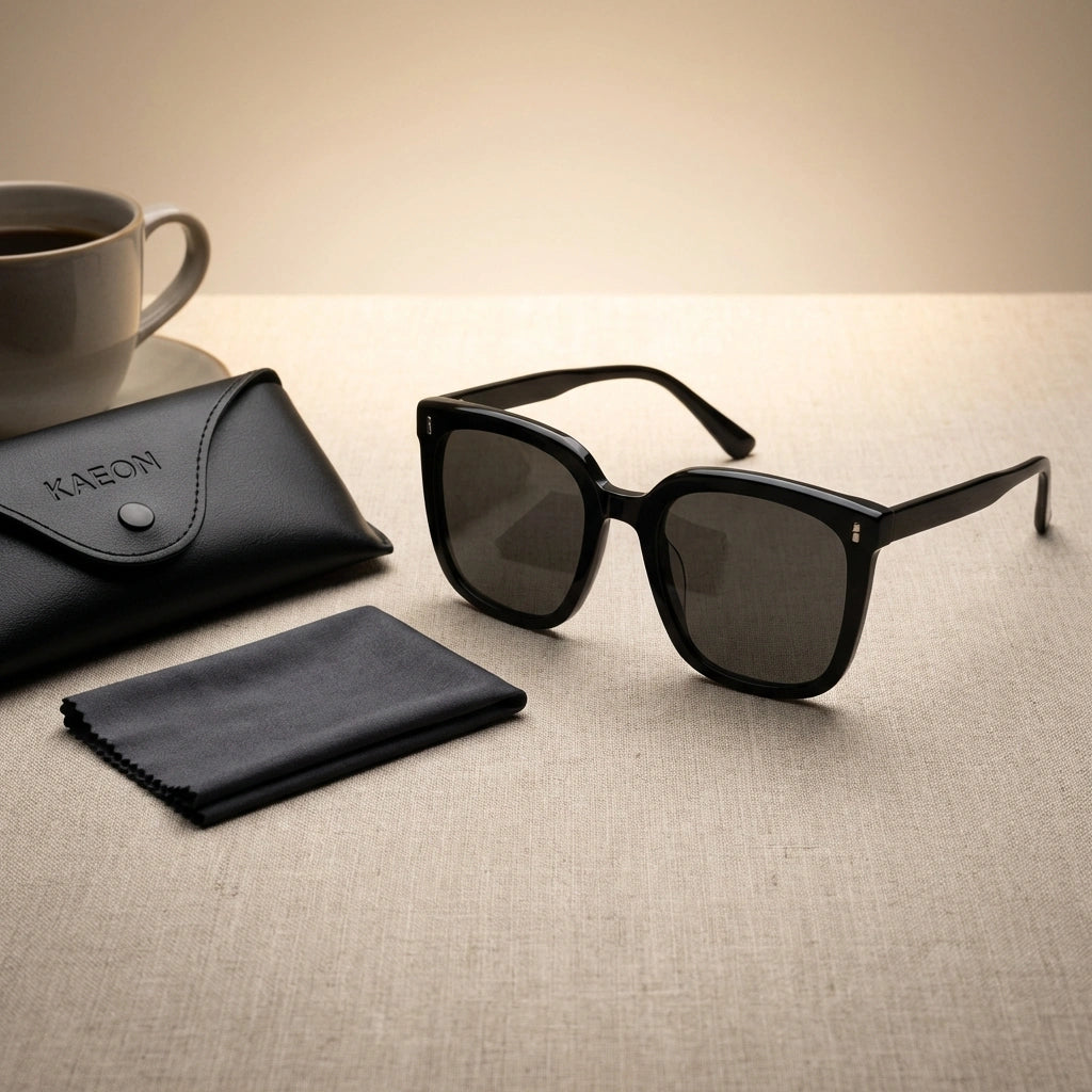KAEON oversized square sunglasses in black featuring chunky architectural frame, shown with branded case and cleaning cloth.