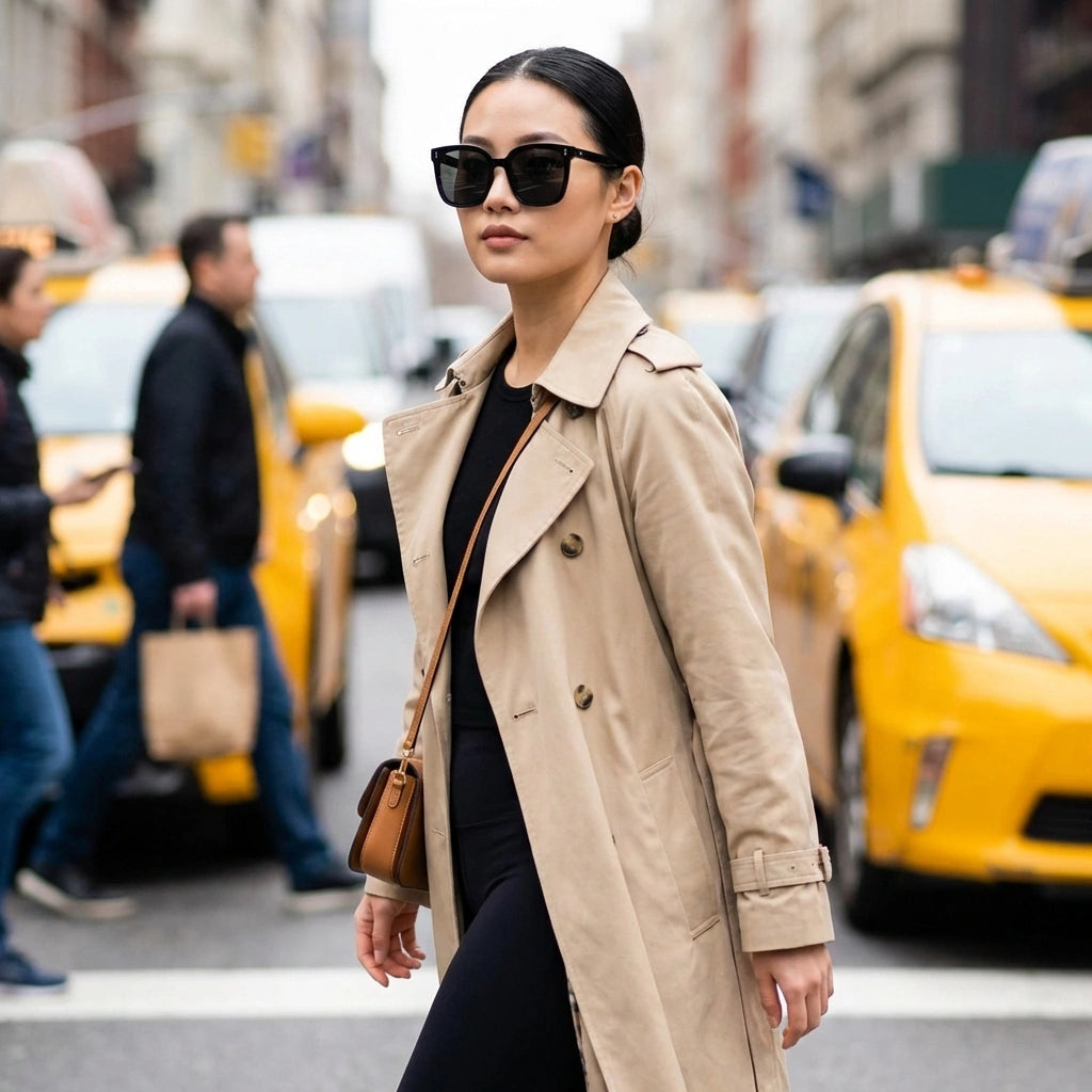 KAEON oversized square sunglasses black worn by a woman in a beige trench coat walking on a busy city street with yellow taxis.