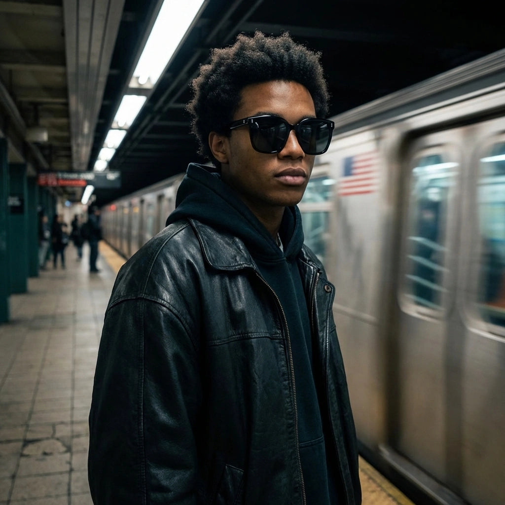 KAEON oversized square sunglasses black worn by a man in a leather jacket on a subway platform, showing the bold architectural frame.
