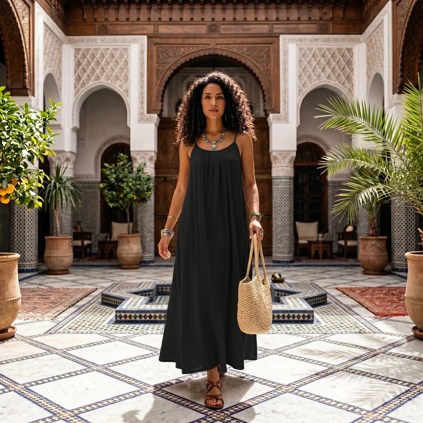 Elegant black Khozun Bohemian Open-Back Maxi Dress with spaghetti straps and gathered neckline, styled on a woman walking in an ornate courtyard.