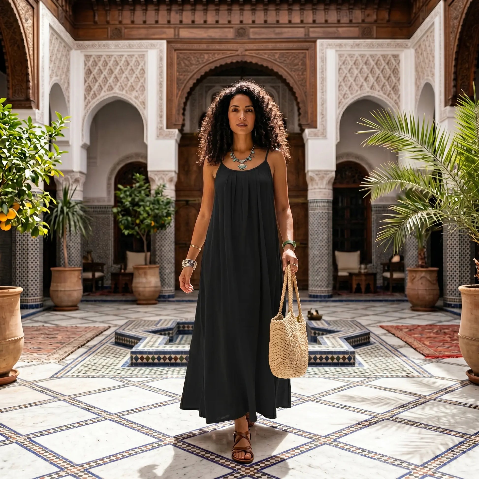 Elegant black Khozun Bohemian Open-Back Maxi Dress with spaghetti straps and gathered neckline, styled on a woman walking in an ornate courtyard.