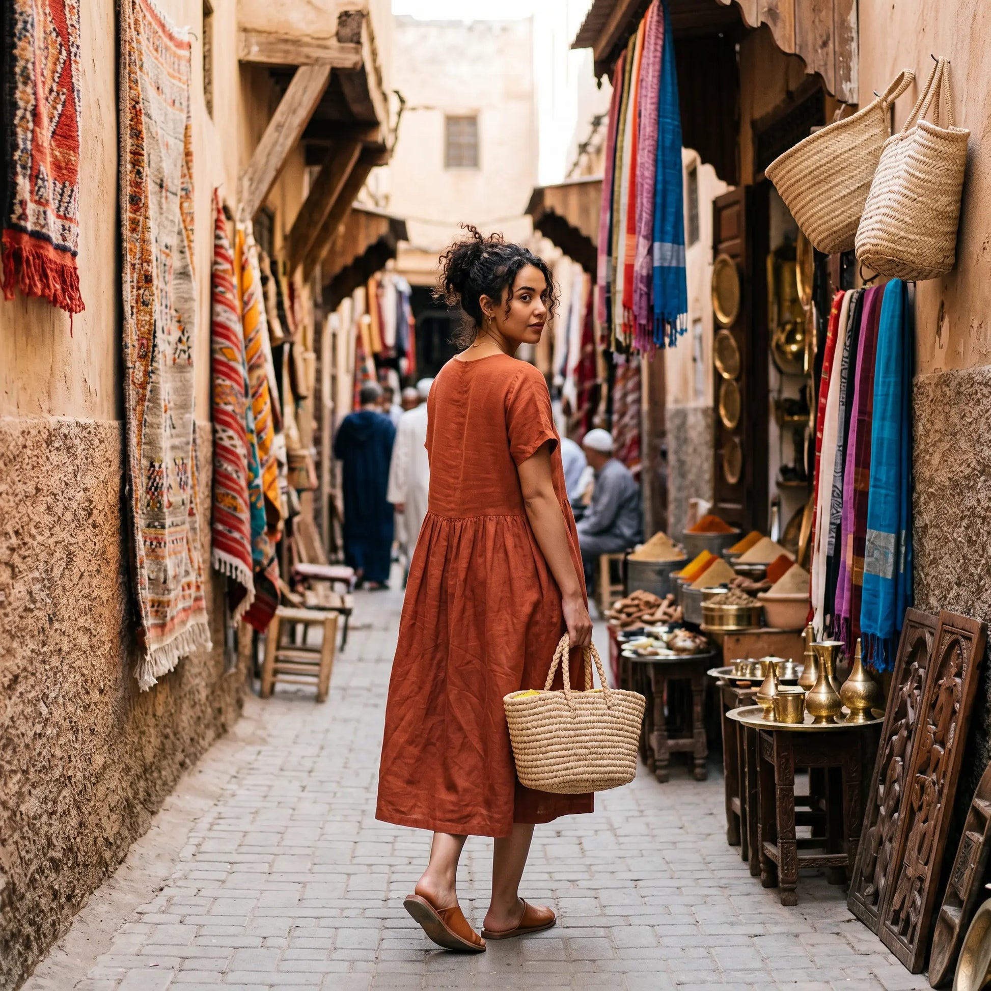 Model wearing a Kivori burnt orange linen blend midi dress with a loose A-line silhouette, round neck, and short sleeves, walking through a vibrant market alley. The dress features subtle empire waist gathering and textured fabric. She carries a woven straw tote bag.