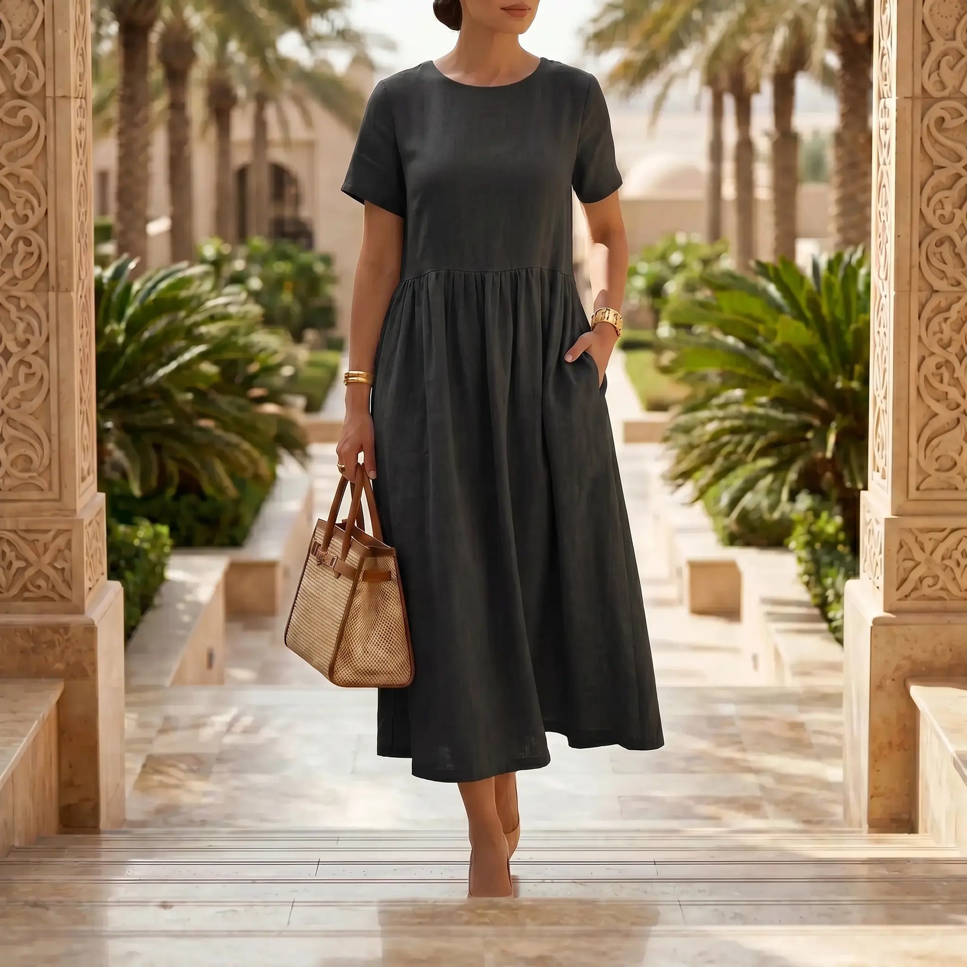 Model wearing a Kivori Midnight Black linen blend midi dress, featuring a round neck, short sleeves, and an empire waist, walking on stone steps in a lush outdoor setting.