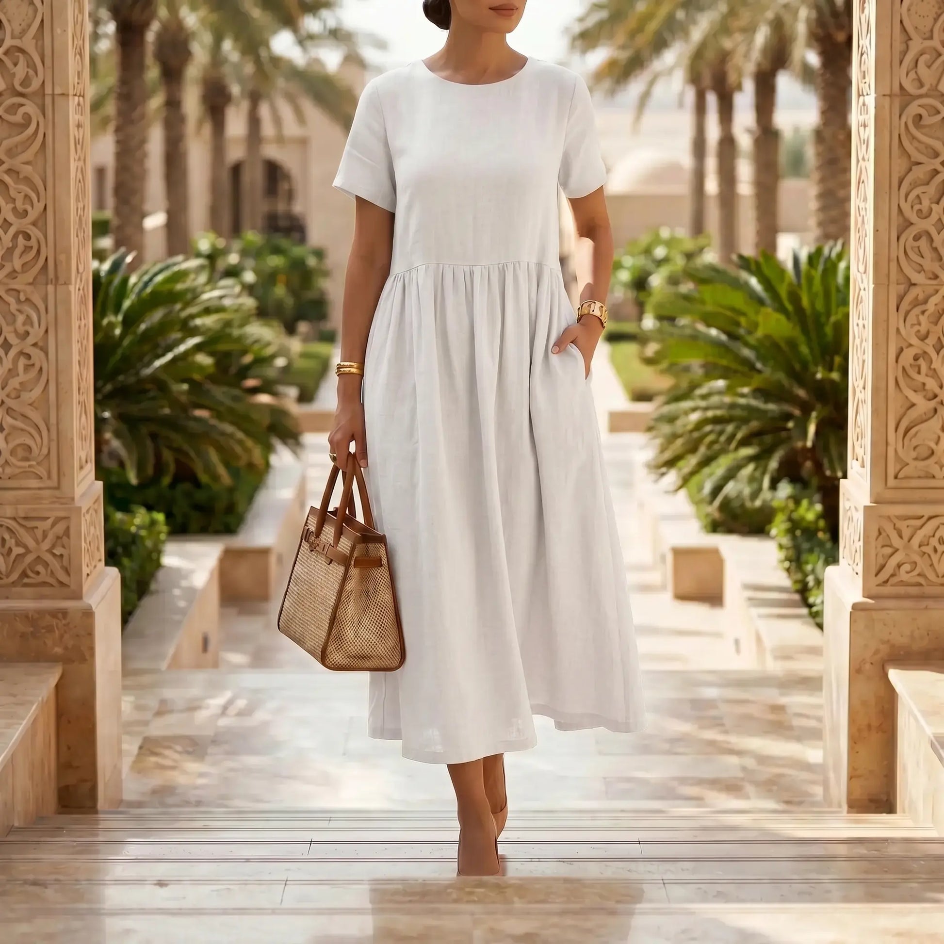 Woman in a pure white Kivori linen-blend midi dress, featuring a loose A-line silhouette and short sleeves, walking down ornate outdoor stairs with a woven bag.