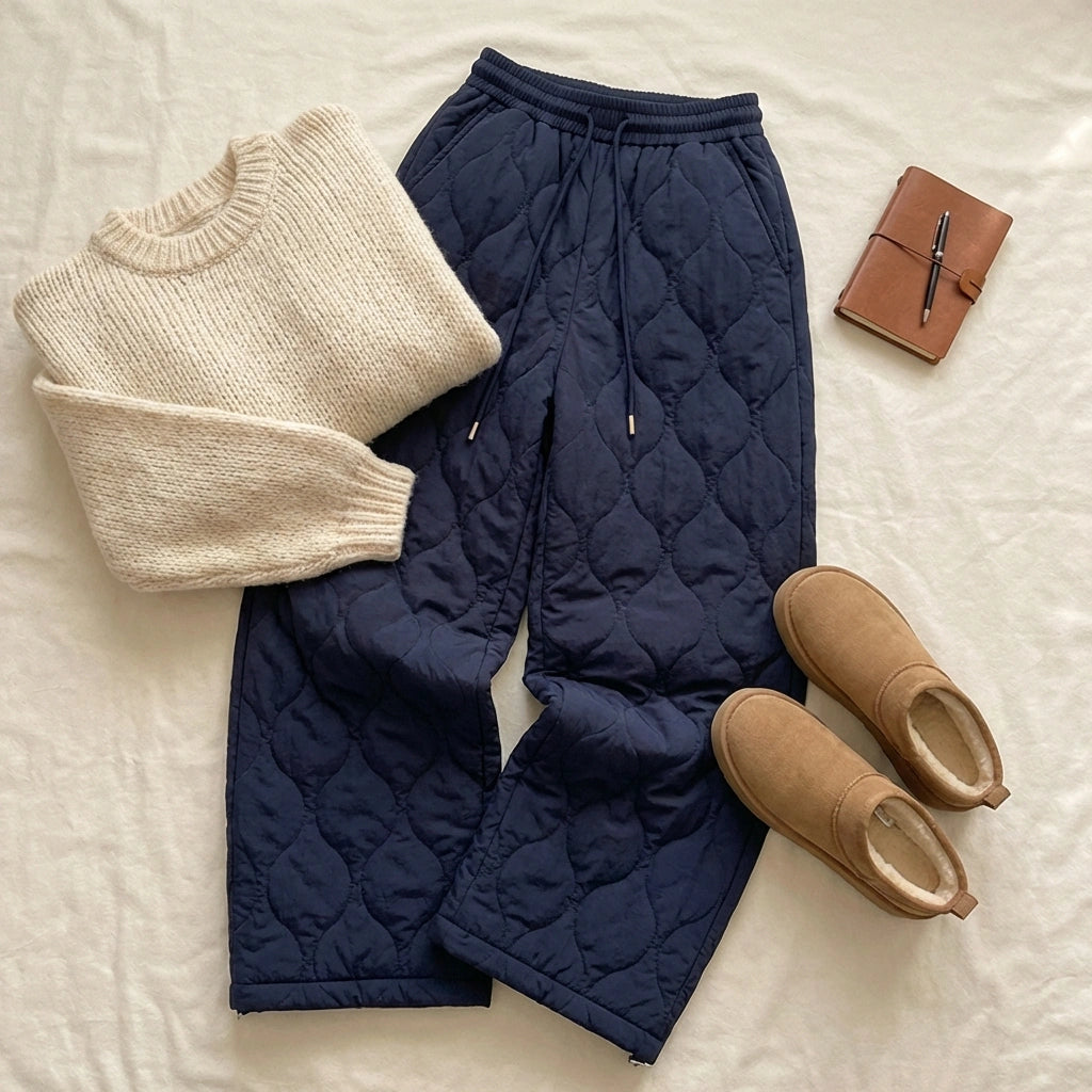 Kovara thermal quilted wide-leg trousers in midnight navy styled in a winter flat lay with a beige chunky knit sweater and shearling boots.