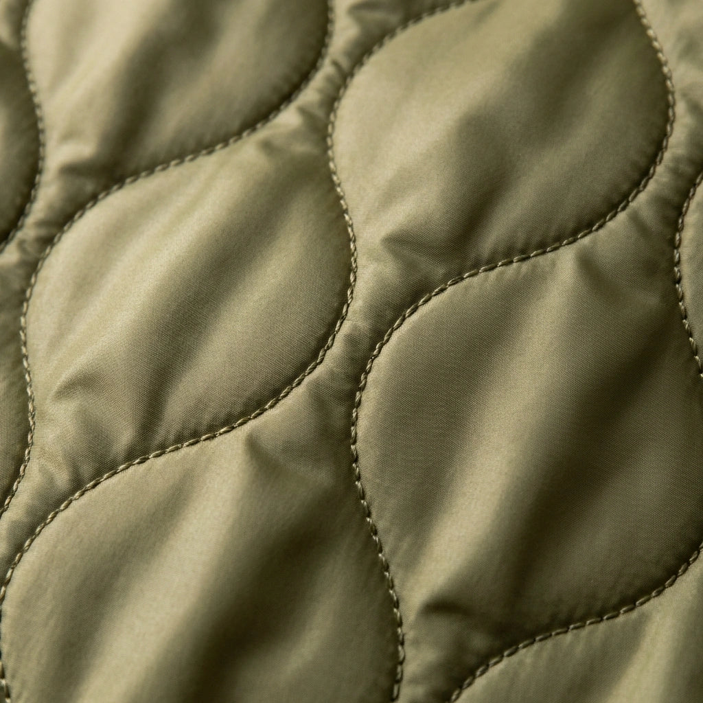 Kovara thermal quilted wide-leg trousers in olive green — close-up detail showing the padded cotton blend fabric texture and stitching pattern.