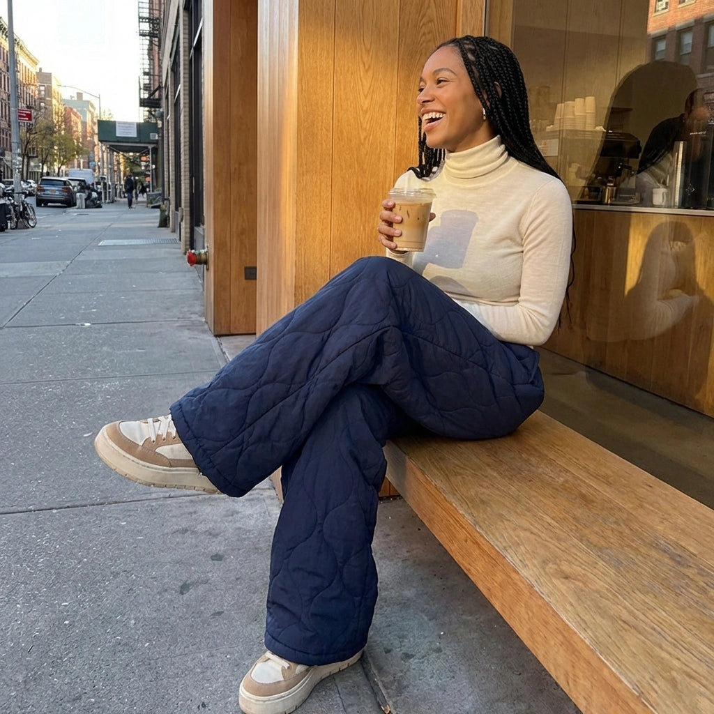 Kovara thermal quilted wide-leg trousers in navy blue, worn by a smiling woman sitting on a bench in an urban setting.